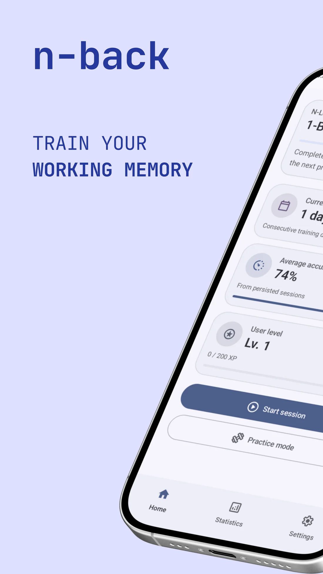 n-back app home screen showing streak, accuracy and level